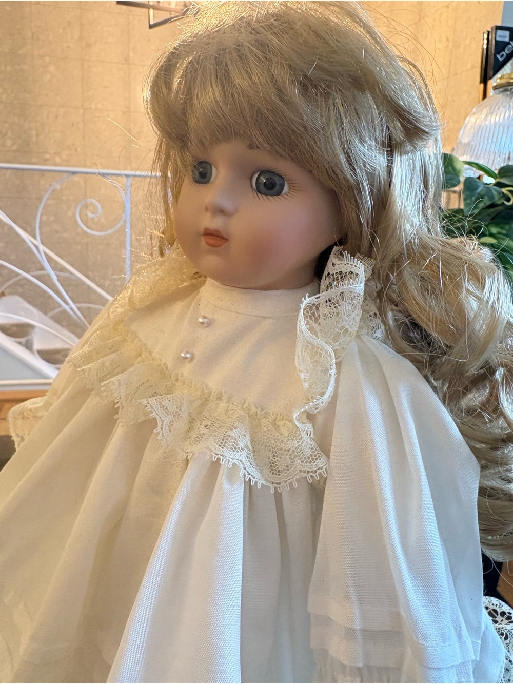 Porcelain Doll in Cream Lace Dress - Classic Kids Toy
